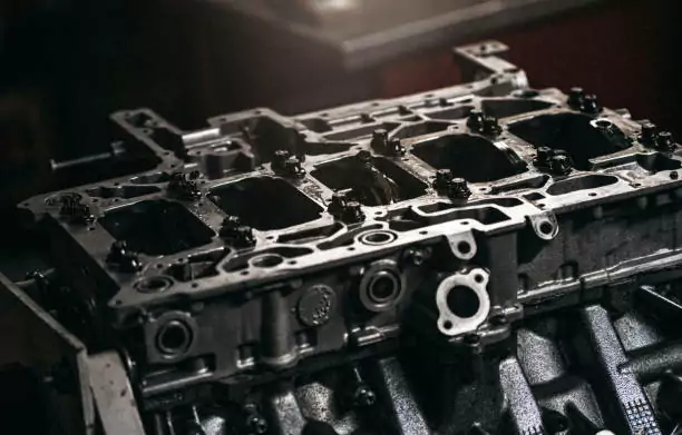 Engine block in auto repair shop